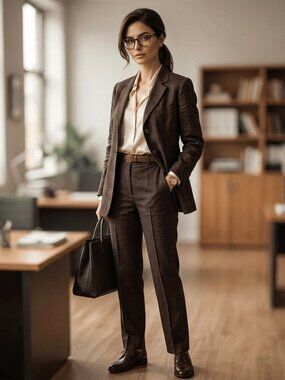 Vintage Emporio Armani Dark Brown Linen Straight Leg Pant Suit Size IT 38 US 2